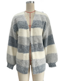 Fuzzy Wide Stripe Open Front Cardigan - Blue