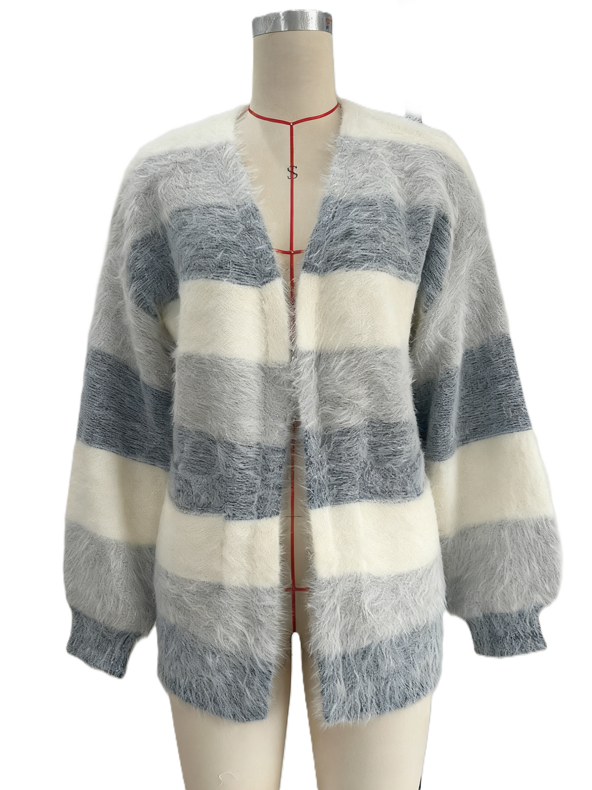 Fuzzy Wide Stripe Open Front Cardigan - Blue