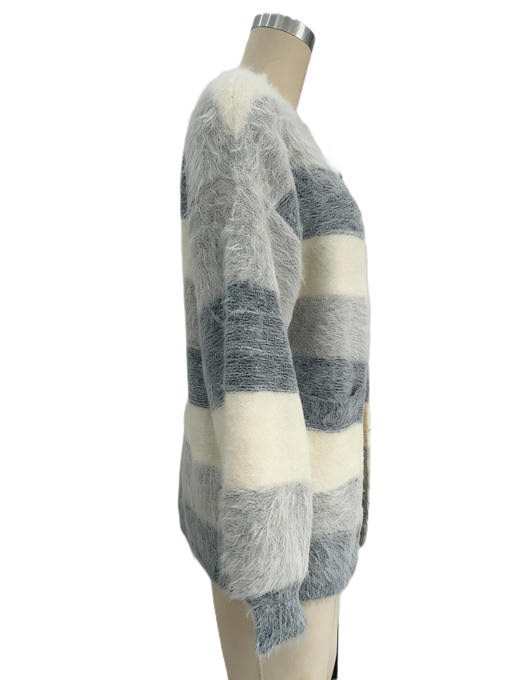 Fuzzy Wide Stripe Open Front Cardigan - Blue - 1