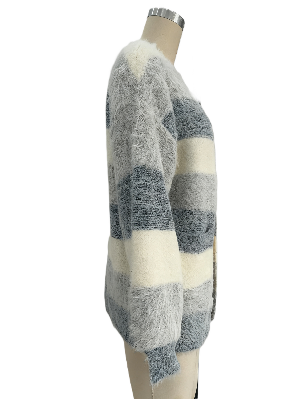 Fuzzy Wide Stripe Open Front Cardigan - Blue - 1