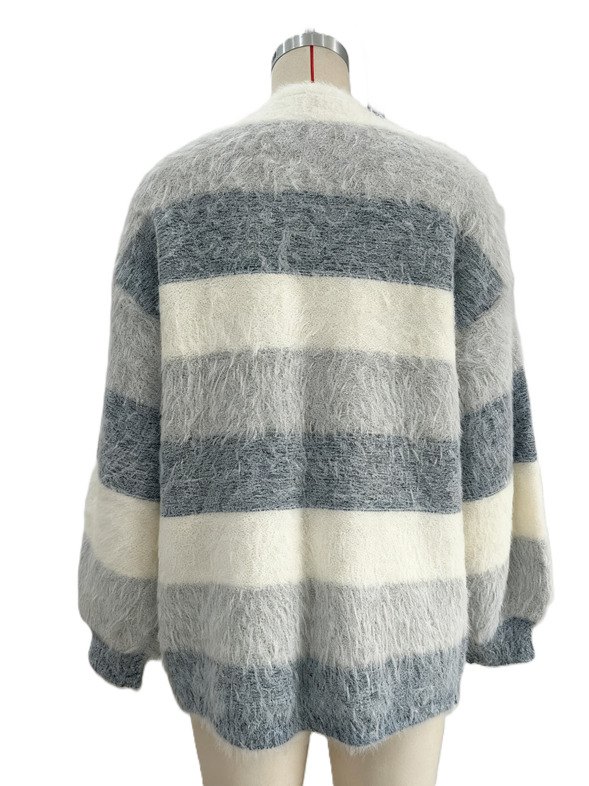 Fuzzy Wide Stripe Open Front Cardigan - Blue - 2