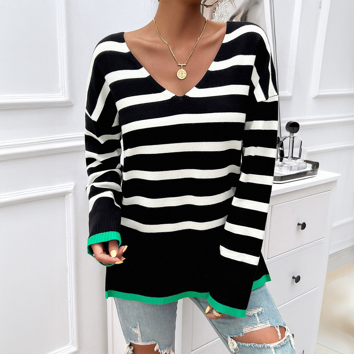 Striped V Neck Drop Shoulder Sweater - Black