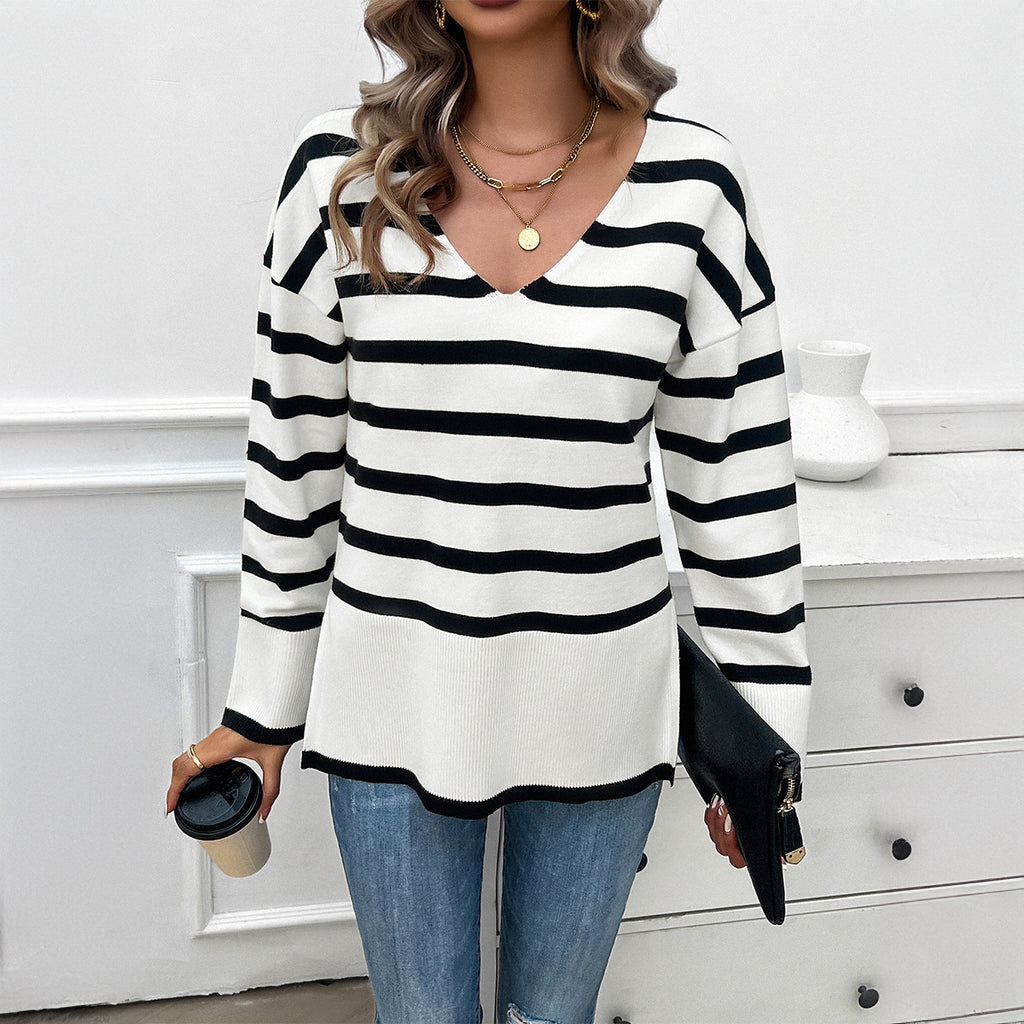 Striped V Neck Drop Shoulder Sweater - White