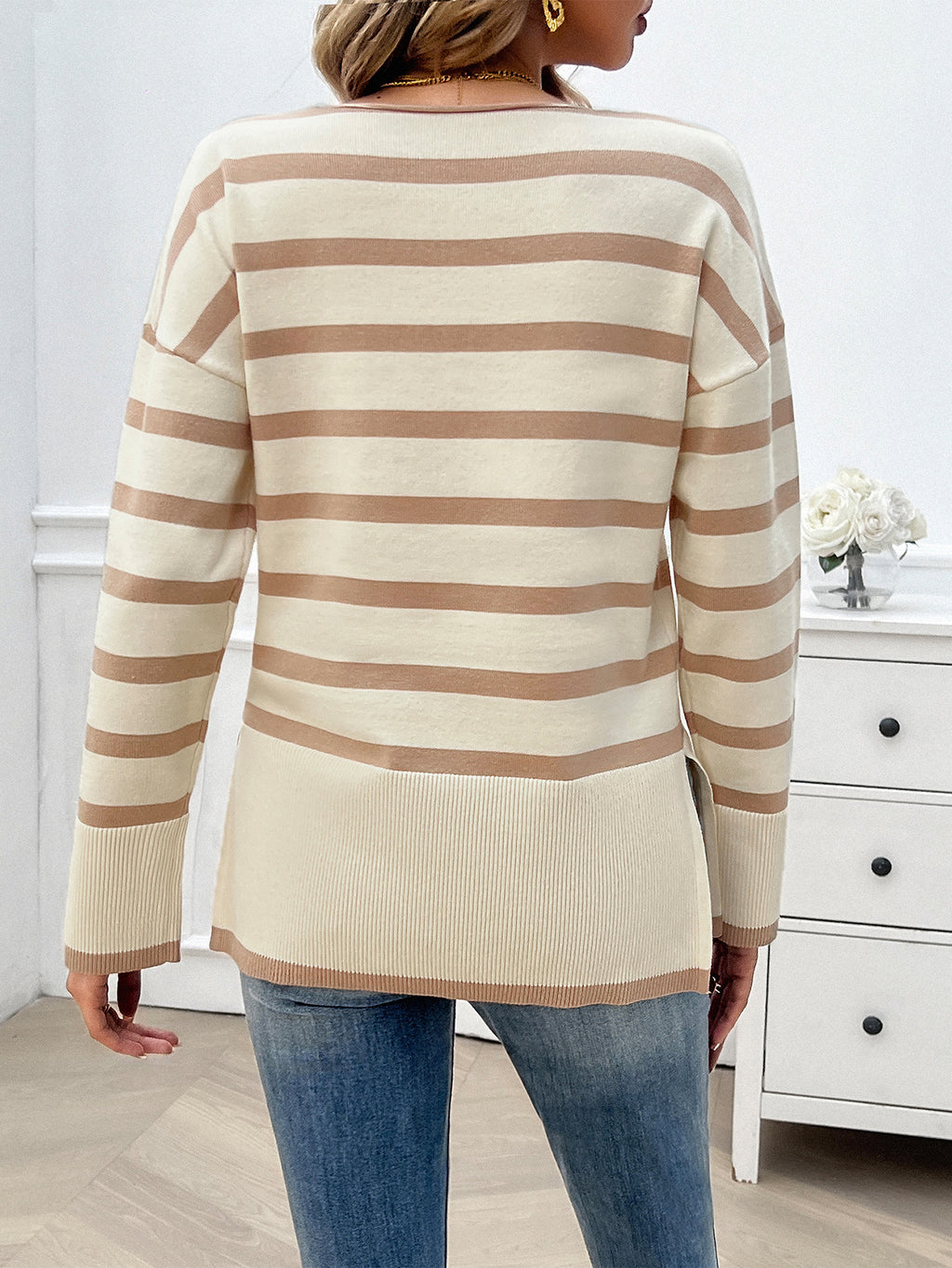 Striped V Neck Drop Shoulder Sweater