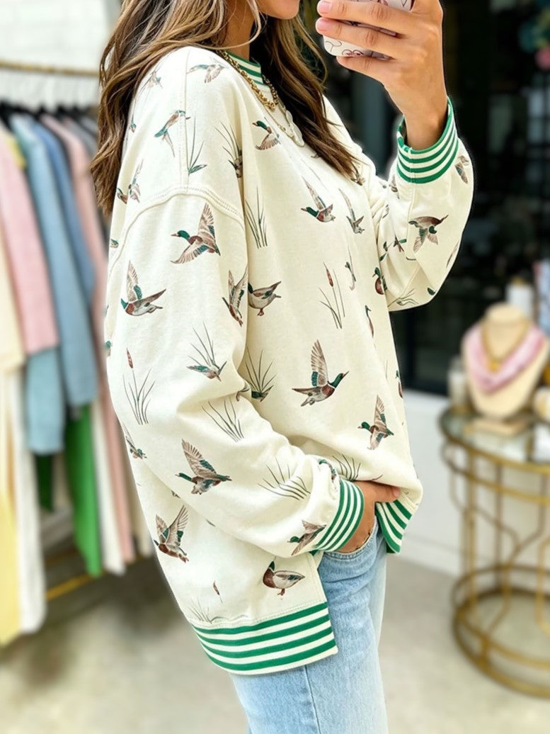 Mallard Duck Print Relaxed Pullover Sweatshirt - White - 1