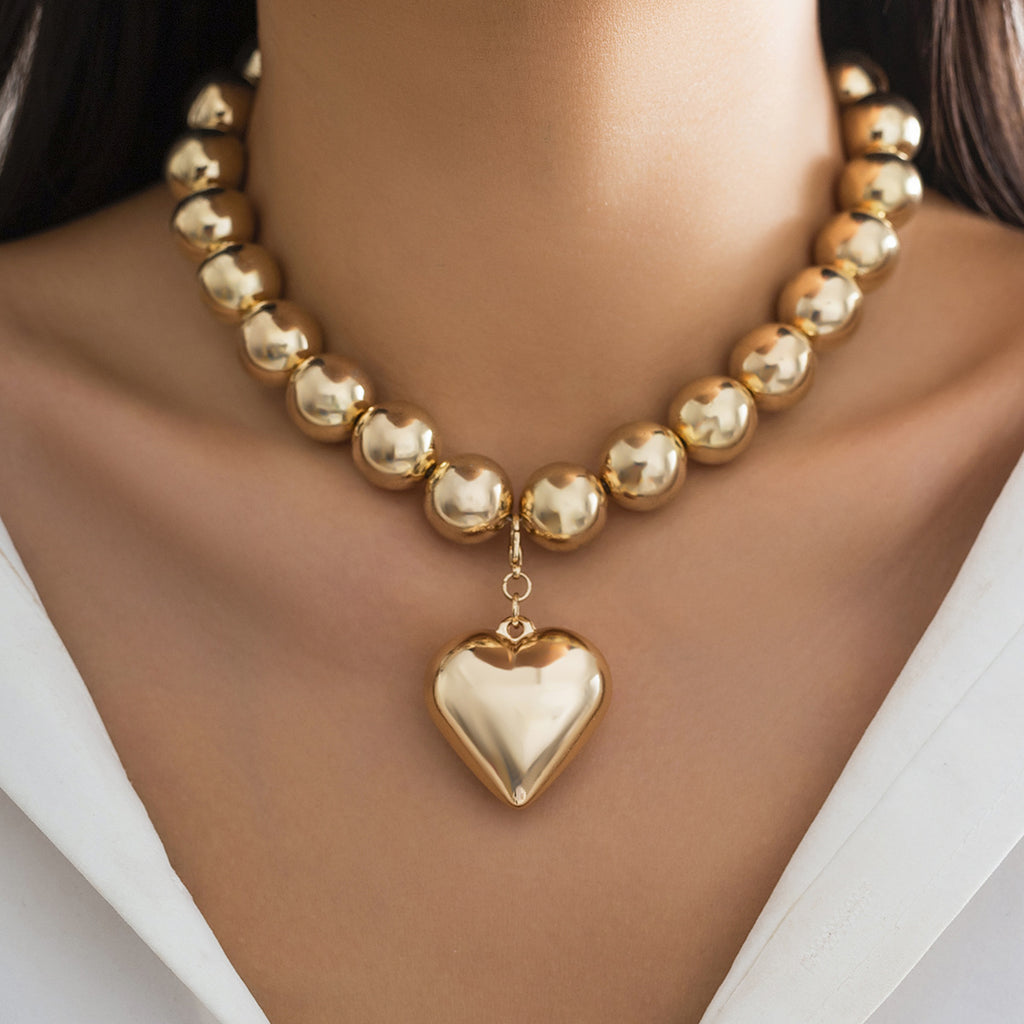 Chunky Bead Puffy Heart Pendant Necklace - Color_03
