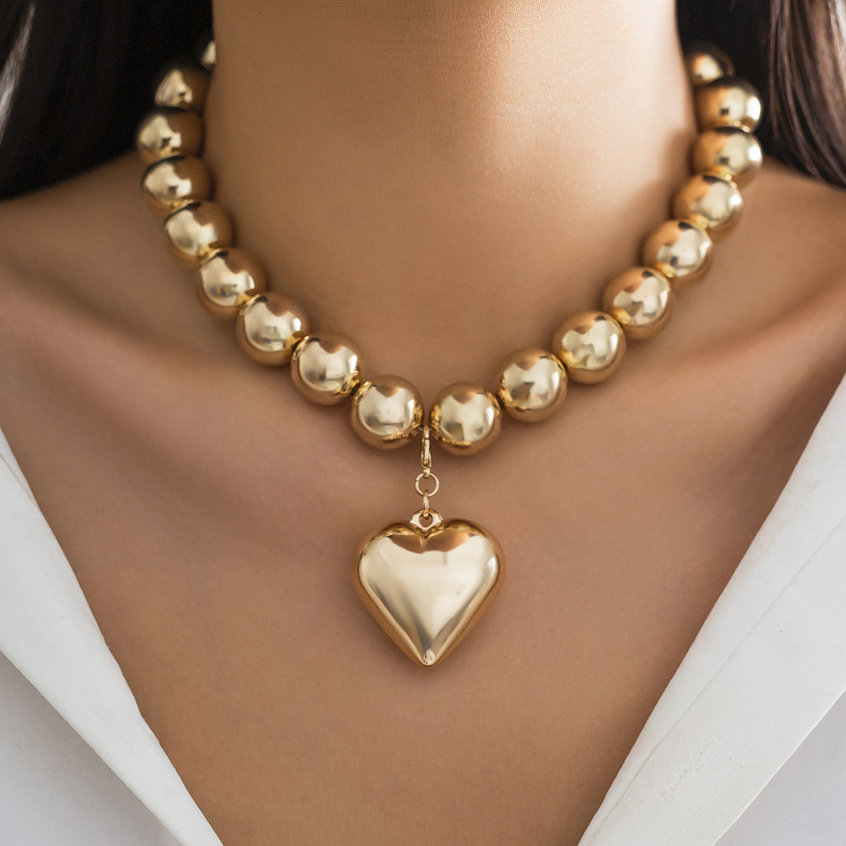 Chunky Bead Puffy Heart Pendant Necklace - Color_03
