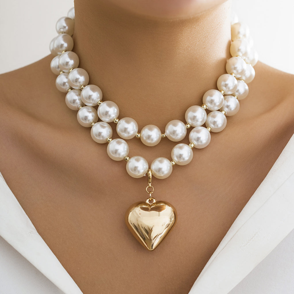 Chunky Bead Puffy Heart Pendant Necklace - Color_05