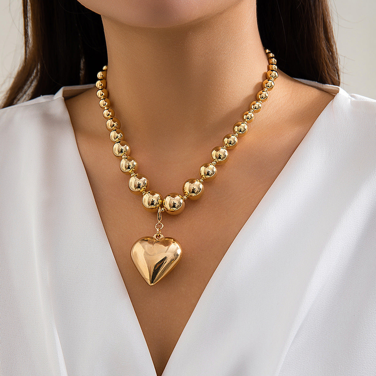 Chunky Bead Puffy Heart Pendant Necklace - Color_10
