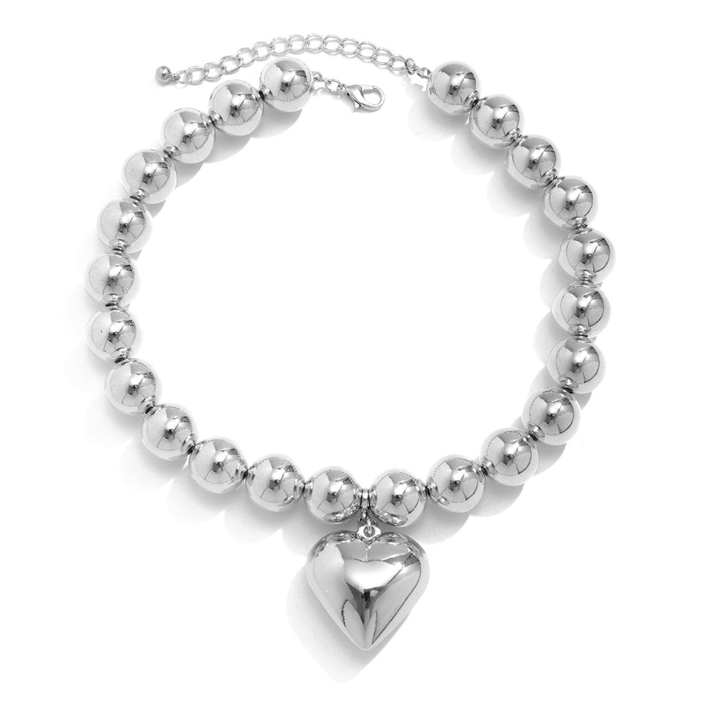 Chunky Bead Puffy Heart Pendant Necklace - view 2