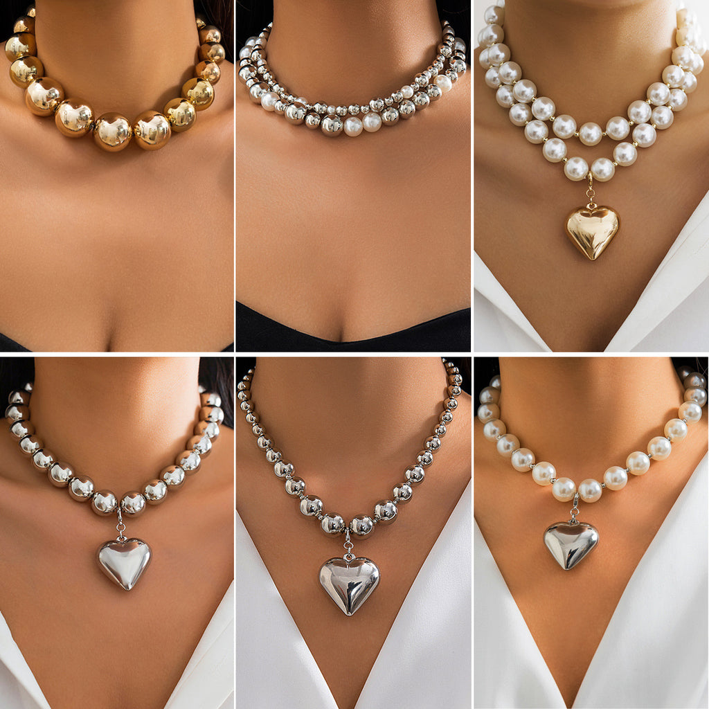 Chunky Bead Puffy Heart Pendant Necklace - view 5