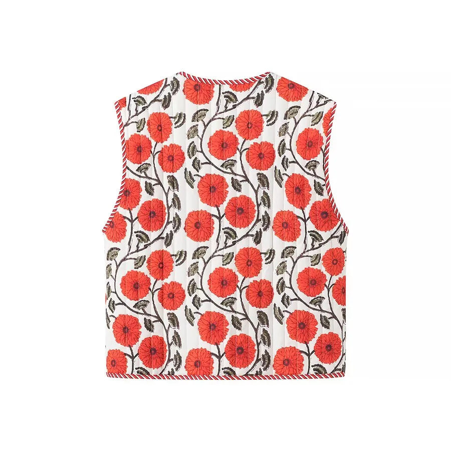 Poppy Print Quilted V Neck Vest - Red