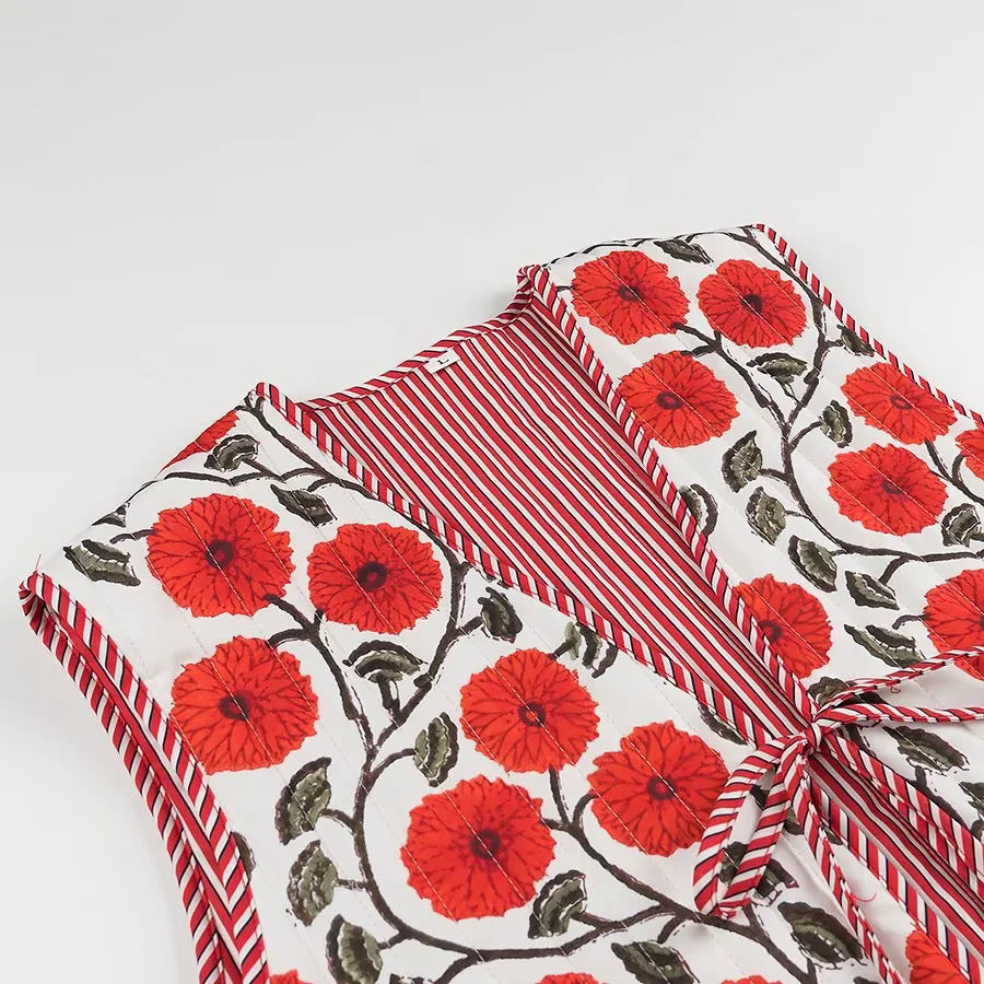 Poppy Print Quilted V Neck Vest - Red - 1