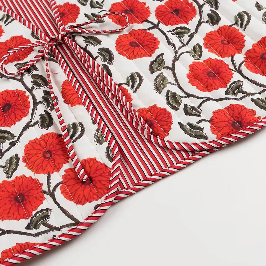Poppy Print Quilted V Neck Vest - Red - 3