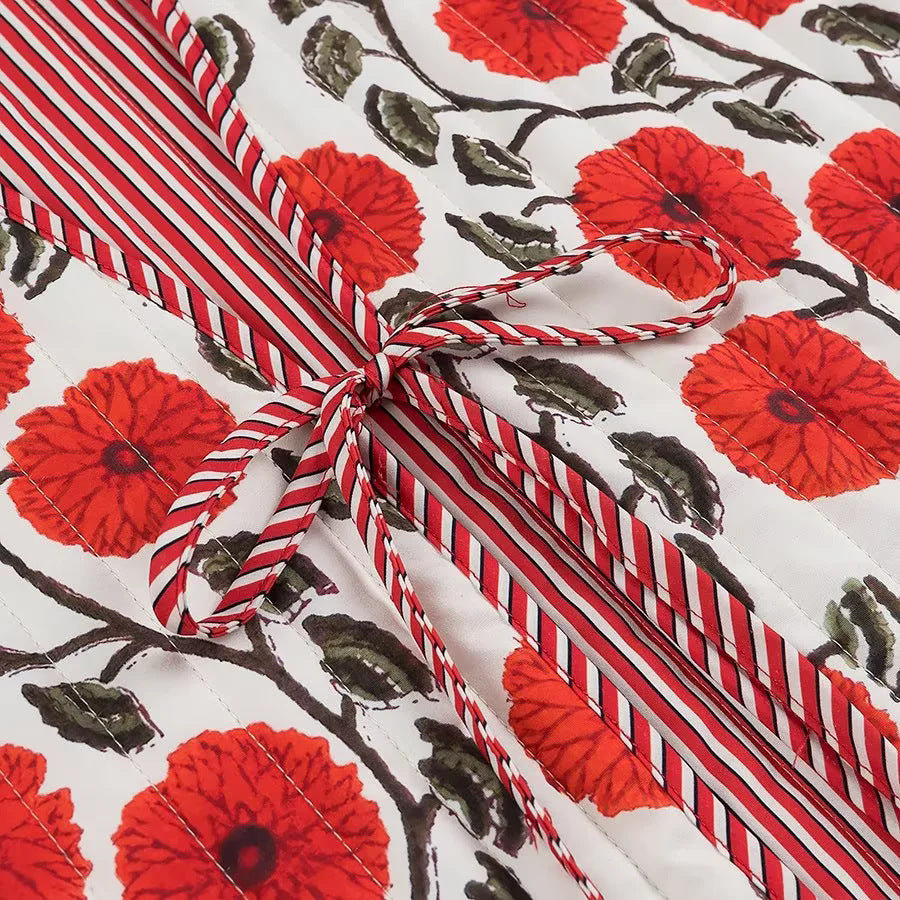 Poppy Print Quilted V Neck Vest - Red - 4