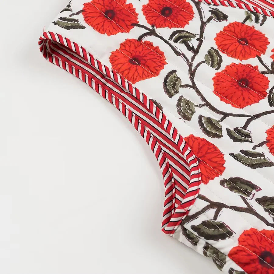Poppy Print Quilted V Neck Vest - Red - 5