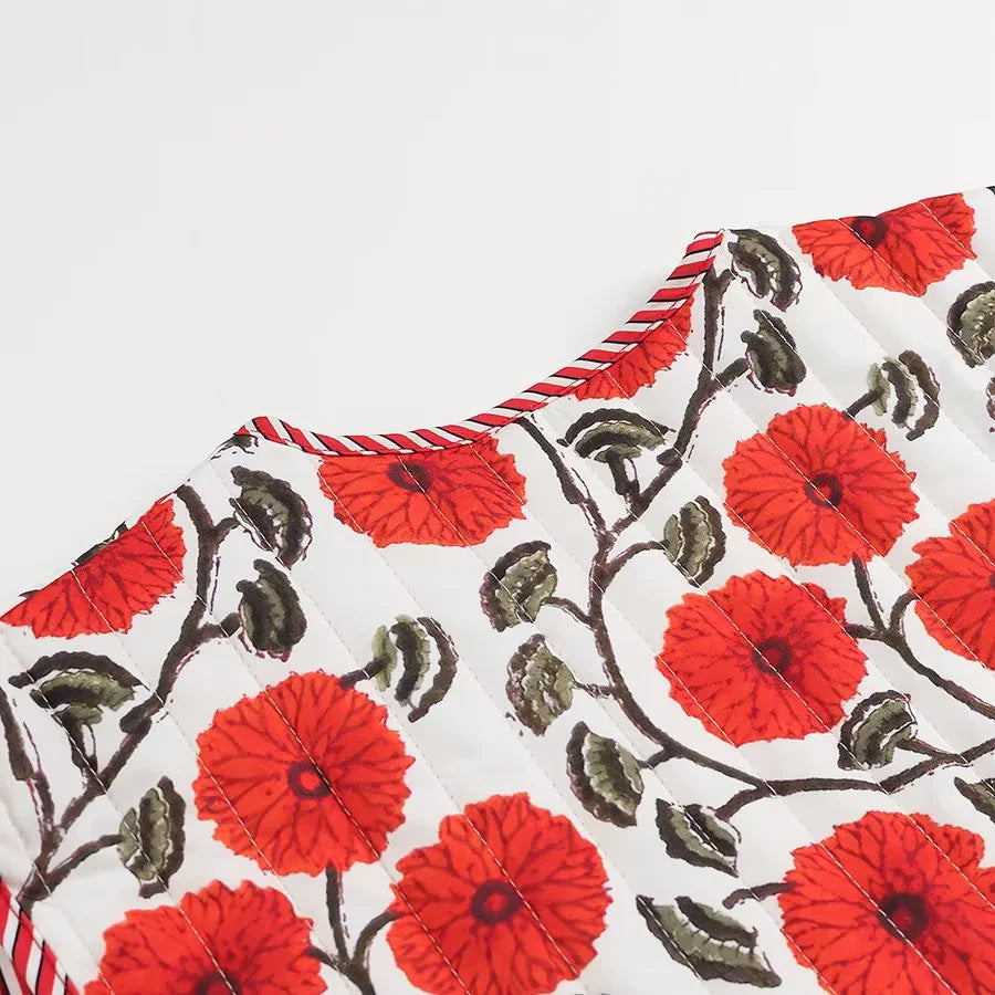 Poppy Print Quilted V Neck Vest - Red - 8