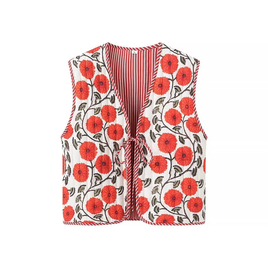 Poppy Print Quilted V Neck Vest