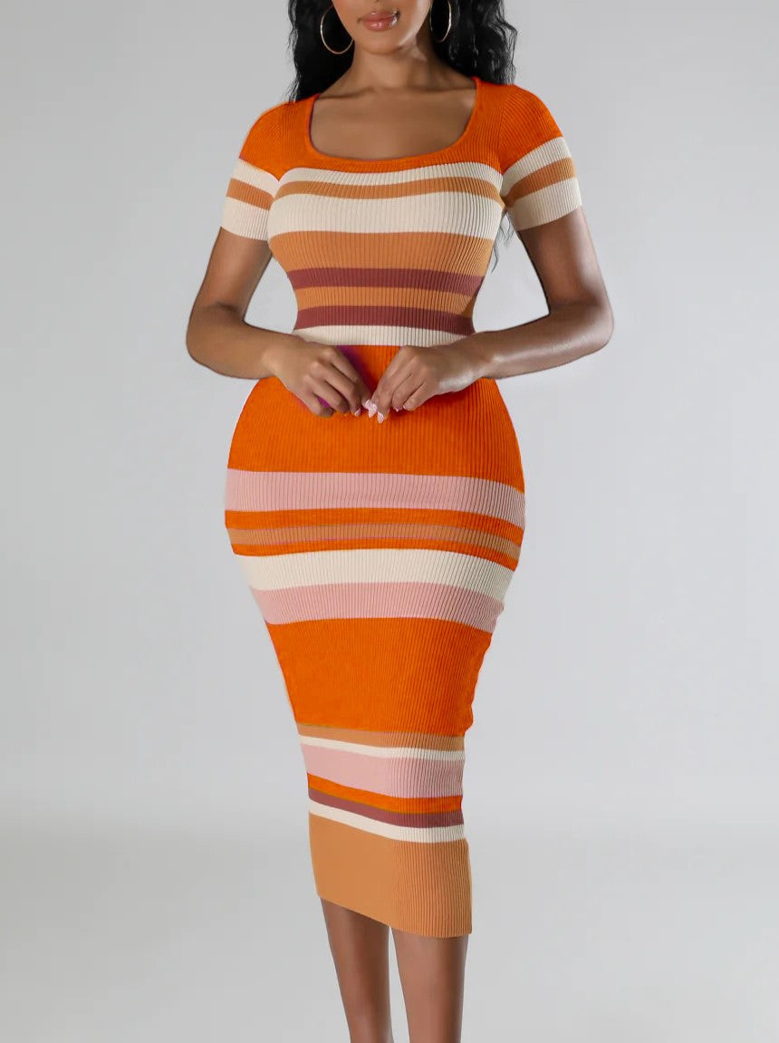 Multi Stripe Square Neck Bodycon Midi Dress - Orange