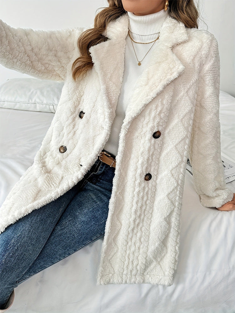 Textured Fleece Double Breasted Longline Coat - White