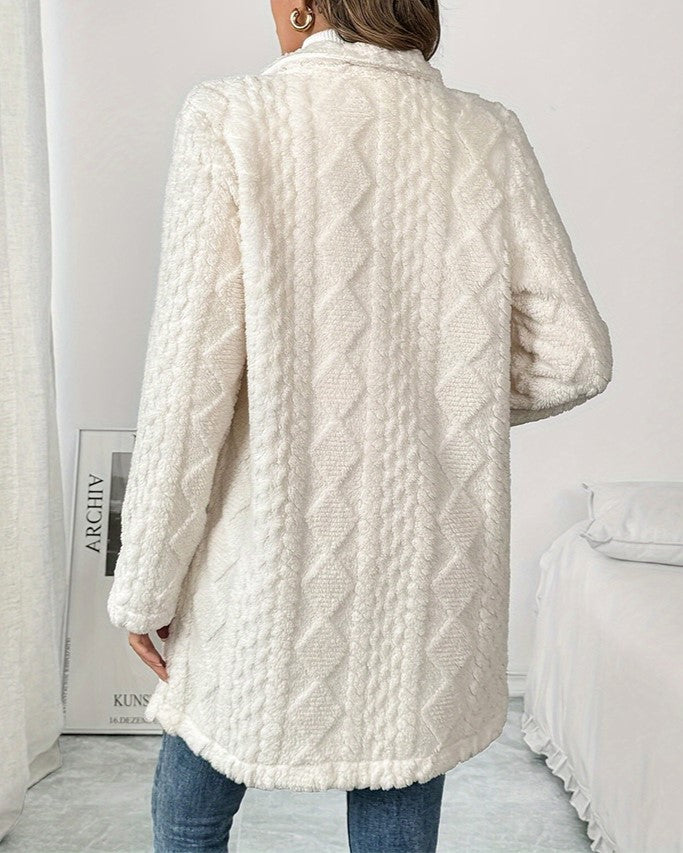 Textured Fleece Double Breasted Longline Coat - White - 1