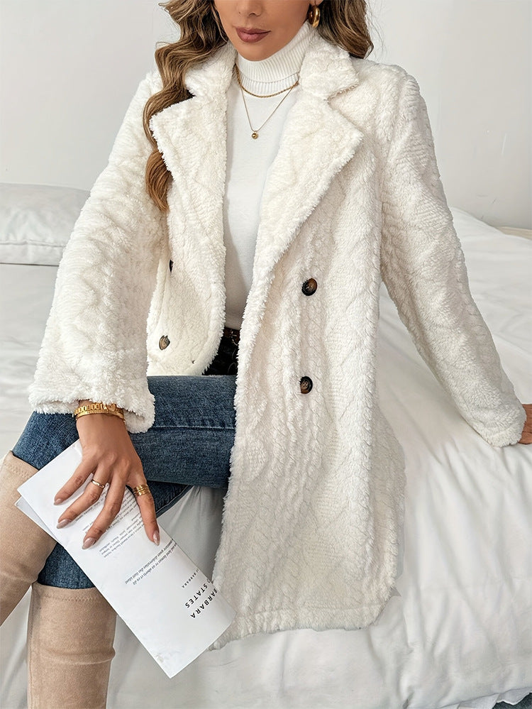 Textured Fleece Double Breasted Longline Coat - White - 2