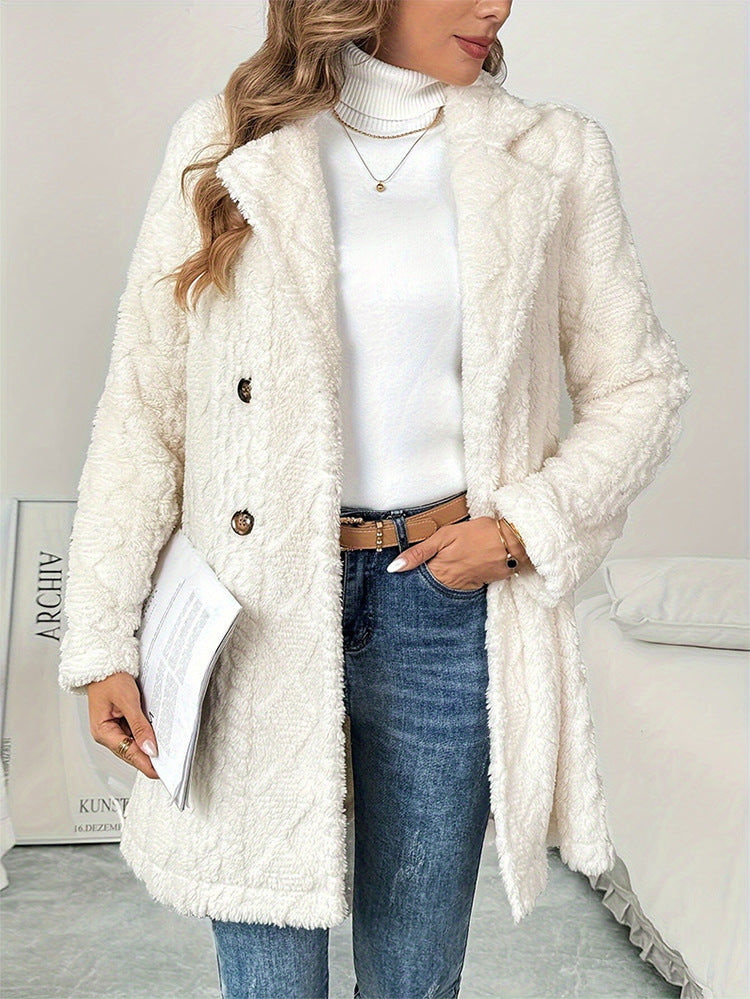 Textured Fleece Double Breasted Longline Coat - White - 4