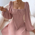 Puff Sleeve Square Neck Mini Dress - Pink
