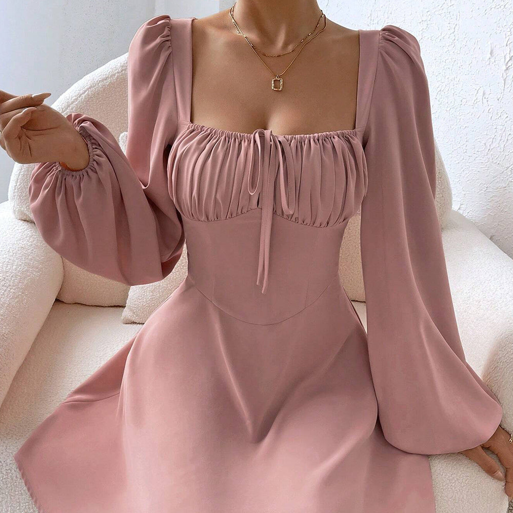Puff Sleeve Square Neck Mini Dress - Pink