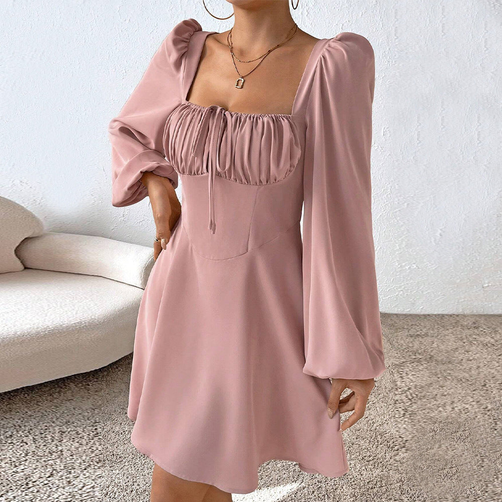 Puff Sleeve Square Neck Mini Dress - Pink - 1