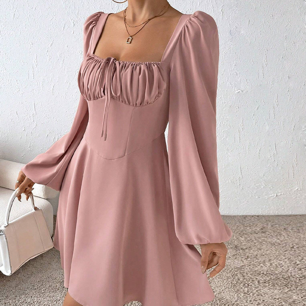 Puff Sleeve Square Neck Mini Dress - Pink - 2
