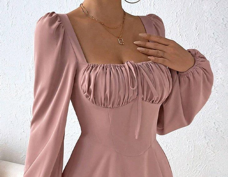 Puff Sleeve Square Neck Mini Dress - Pink - 3