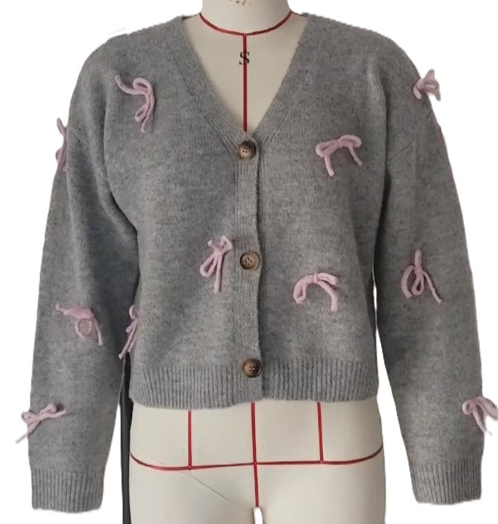 Mini Bow Trim V Neck Cardigan Sweater - Grey