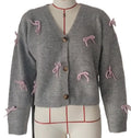 Mini Bow Trim V Neck Cardigan Sweater - Grey