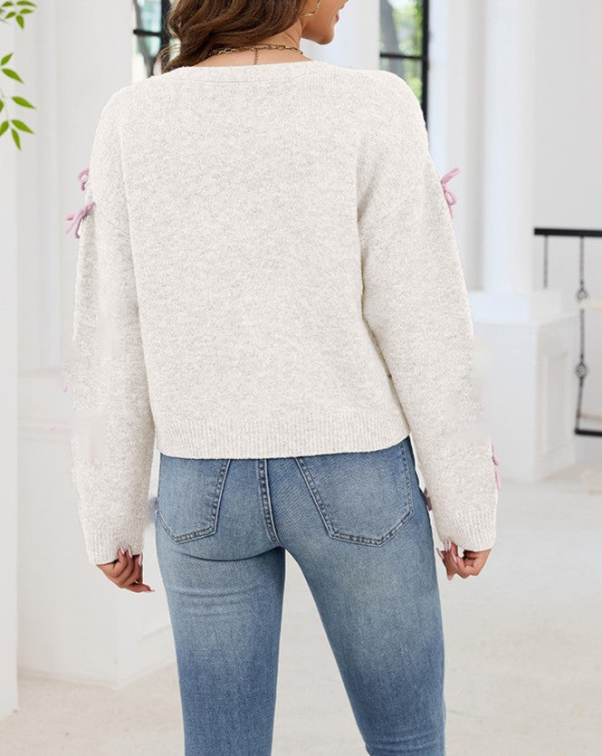 Mini Bow Trim V Neck Cardigan Sweater - White - 1