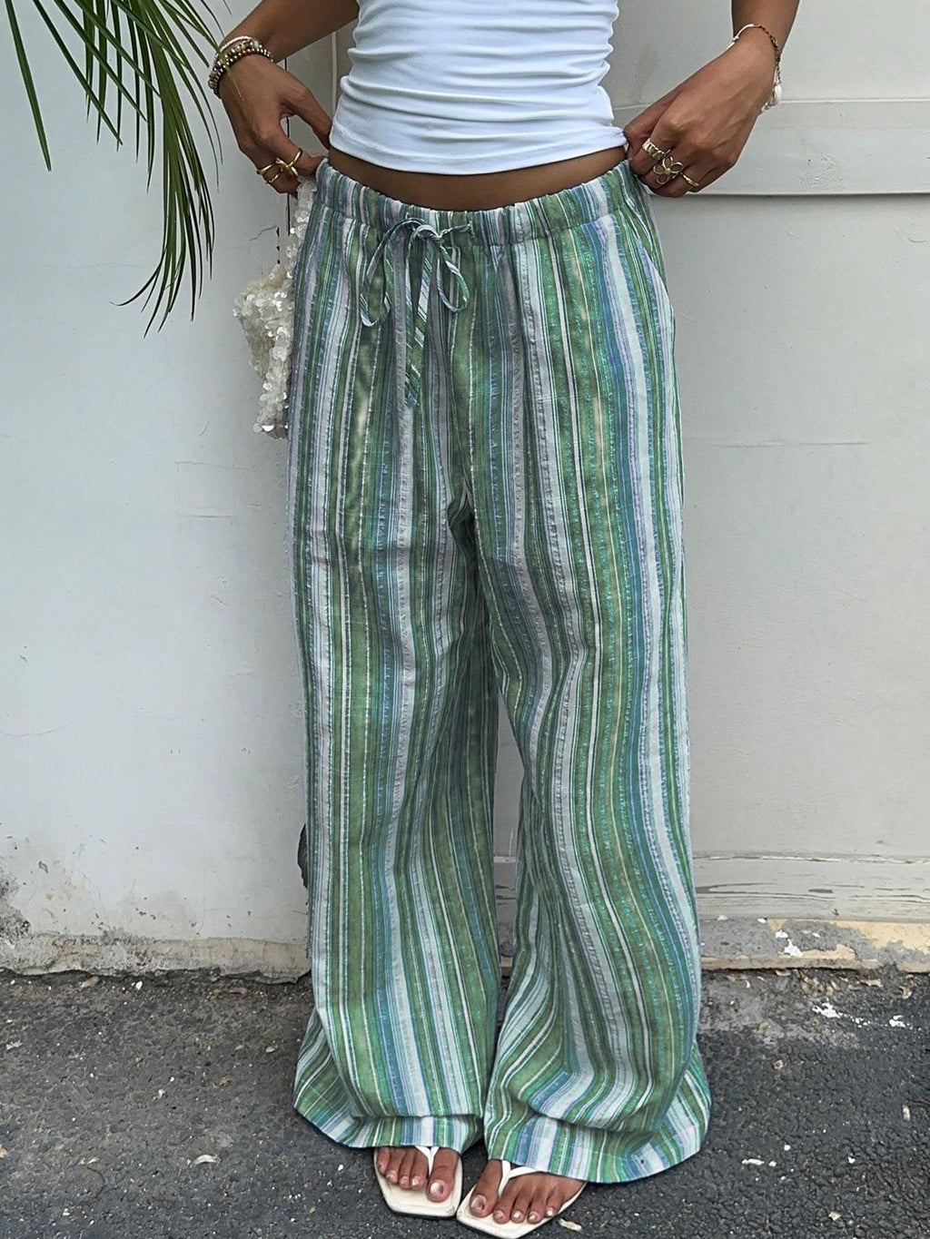 Watercolor Stripe Wide Leg Beach Pants - Green - 1