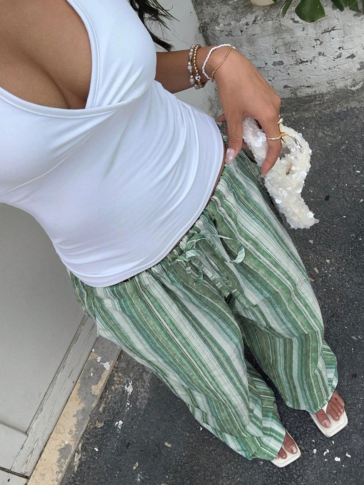 Watercolor Stripe Wide Leg Beach Pants - Green - 3