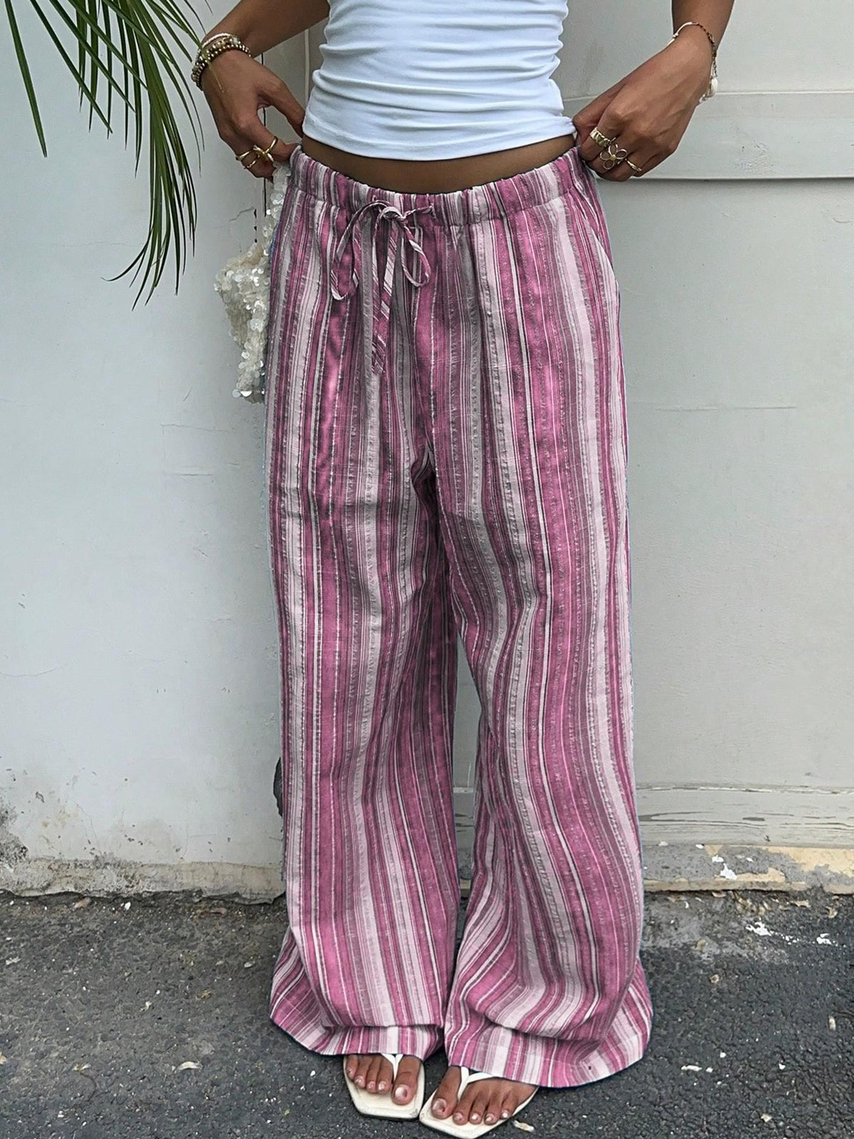 Watercolor Stripe Wide Leg Beach Pants - Pink - 4