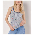 Striped Knit Tank Top With Heart Motifs - White