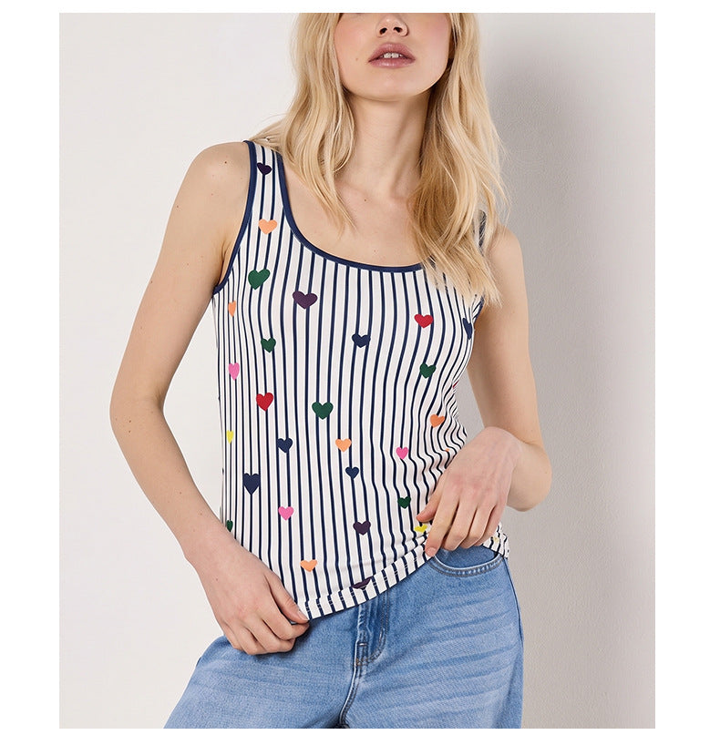 Striped Knit Tank Top With Heart Motifs - White