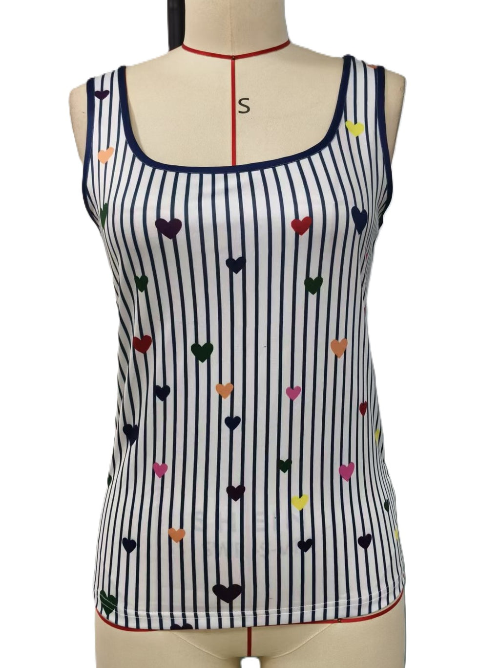 Striped Knit Tank Top With Heart Motifs