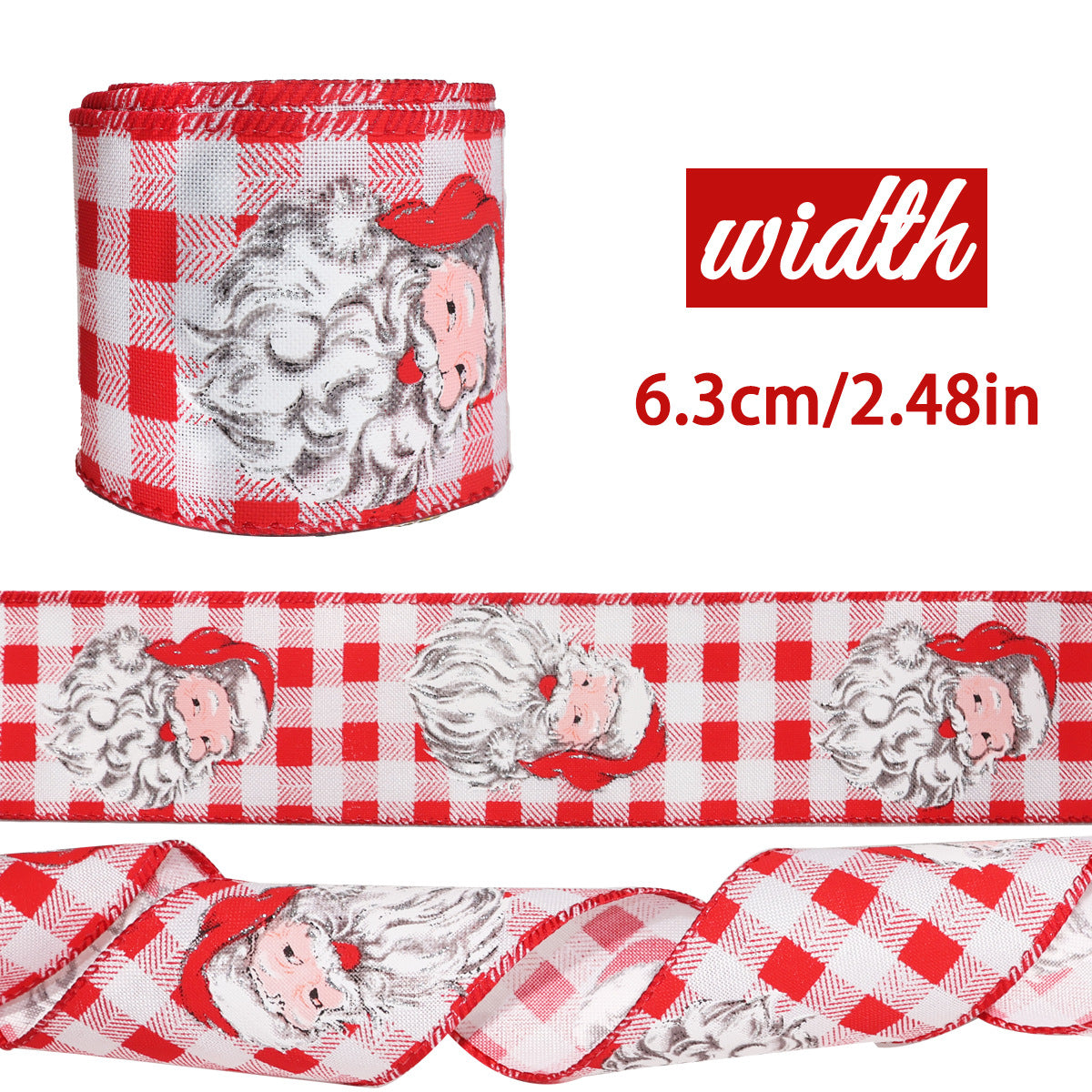 Wired Christmas Ribbon with Santa and Snowman Prints - Red