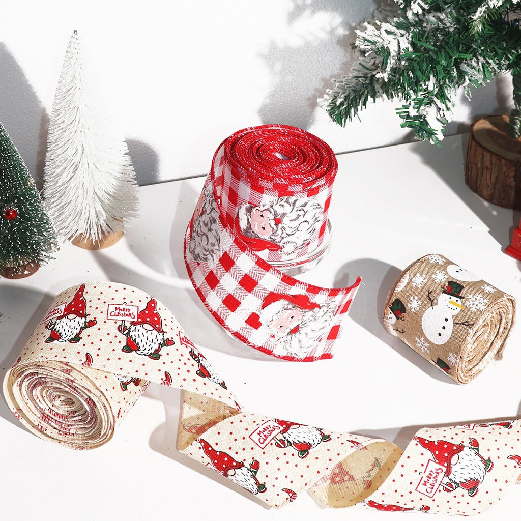 Wired Christmas Ribbon with Santa and Snowman Prints