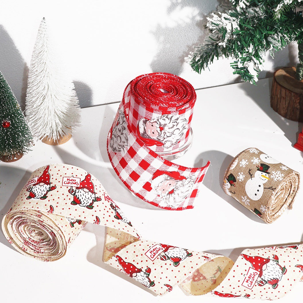 Wired Christmas Ribbon with Santa and Snowman Prints
