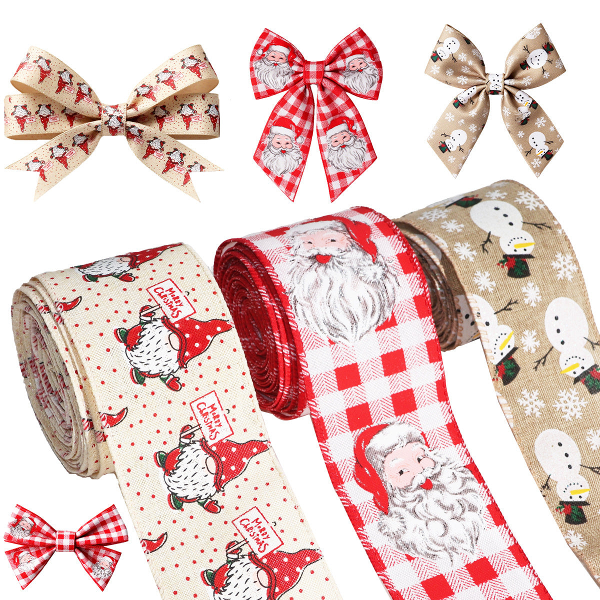 Wired Christmas Ribbon with Santa and Snowman Prints - view 1