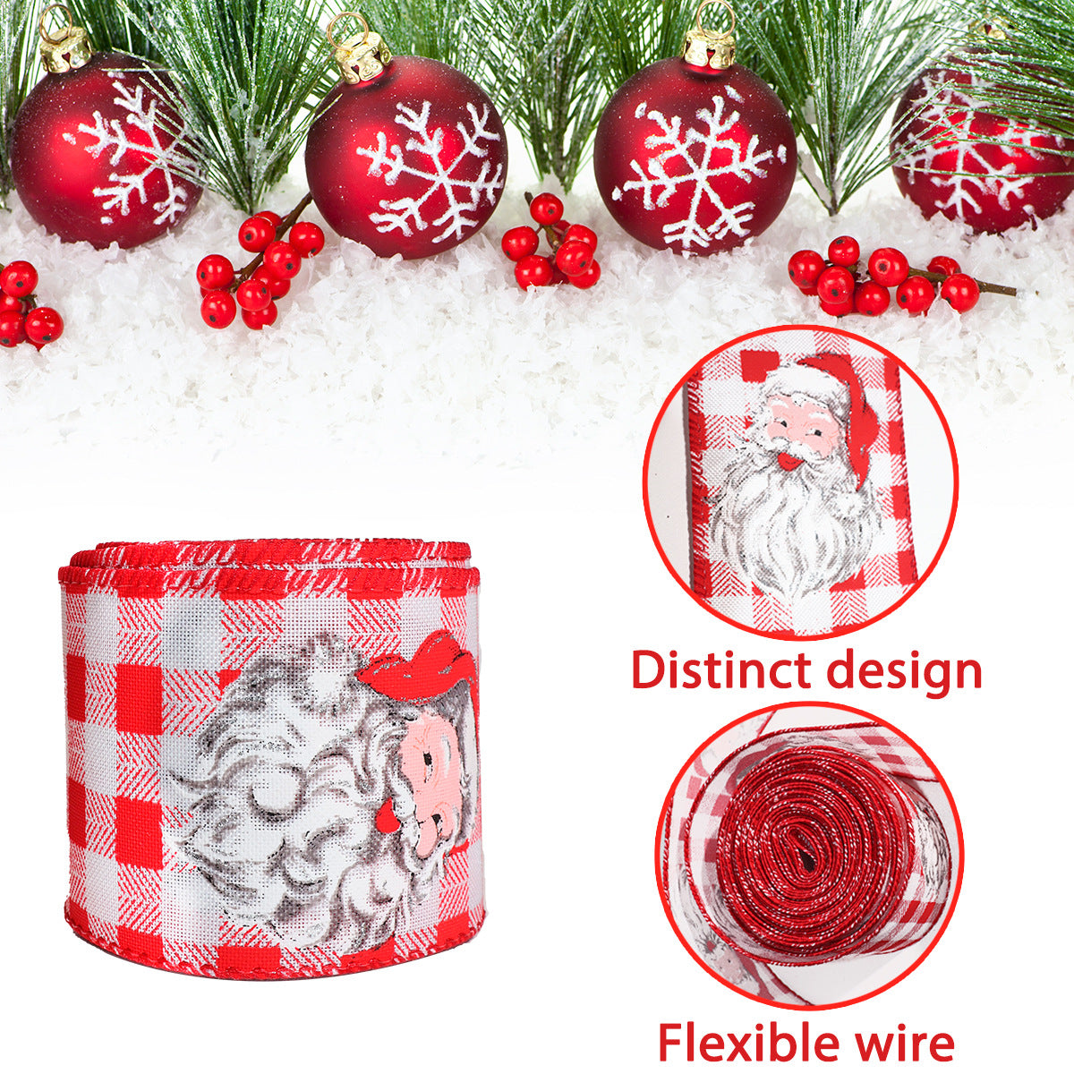 Wired Christmas Ribbon with Santa and Snowman Prints - view 3