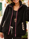 Black Teddy Fleece Zip Jacket With Leopard Pockets - Black