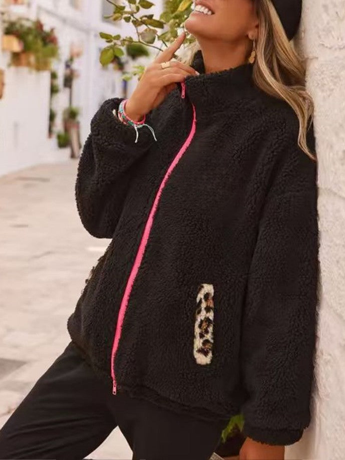 Black Teddy Fleece Zip Jacket With Leopard Pockets - Black - 1