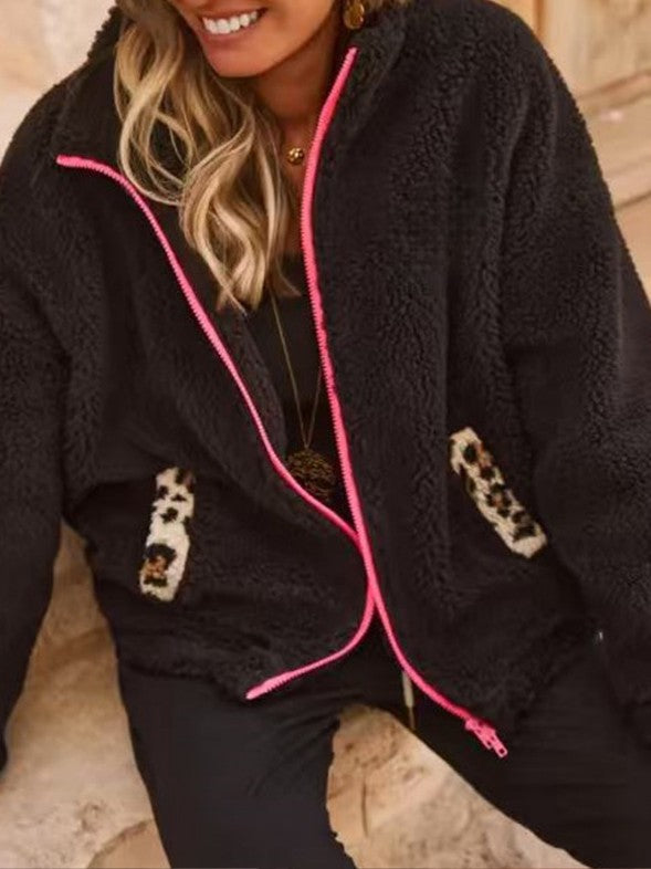 Black Teddy Fleece Zip Jacket With Leopard Pockets - Black - 2