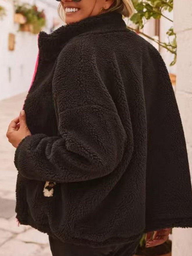 Black Teddy Fleece Zip Jacket With Leopard Pockets - Black - 3